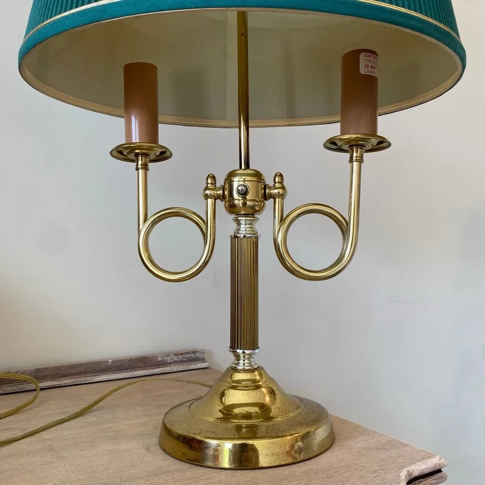 Vintage Brass Alsy French Horn Lamp With Original Shade